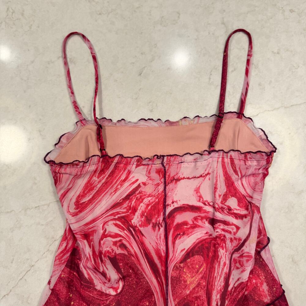 Y2K Barbiecore Mesh Mini Dress Pink Sheer Slip Ruffle Festival Coquette Small - Picture 16 of 16